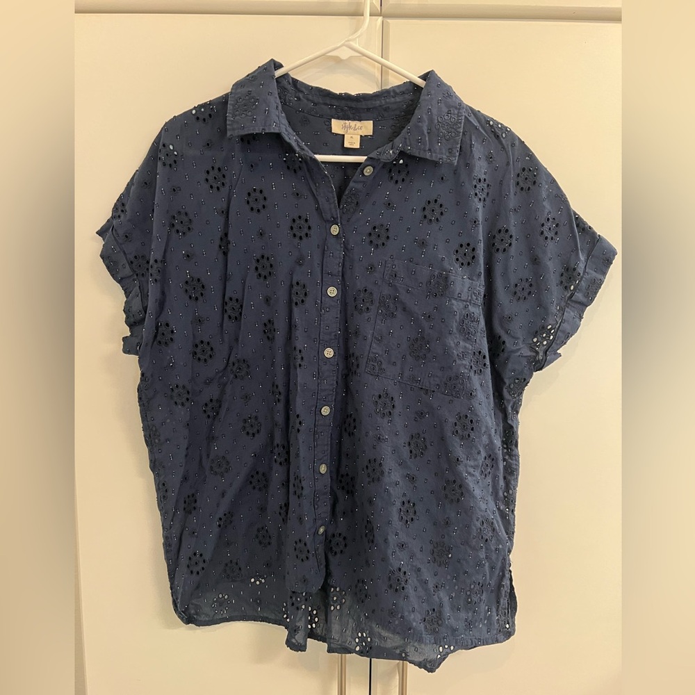 Style & Co Navy Women’s Eyelet Button-Up Shirt Sz XL